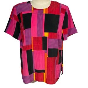 Vintage Kathy Che Pink Black Mondrian Short Sleeve Colorblock Blouse Top Sz L